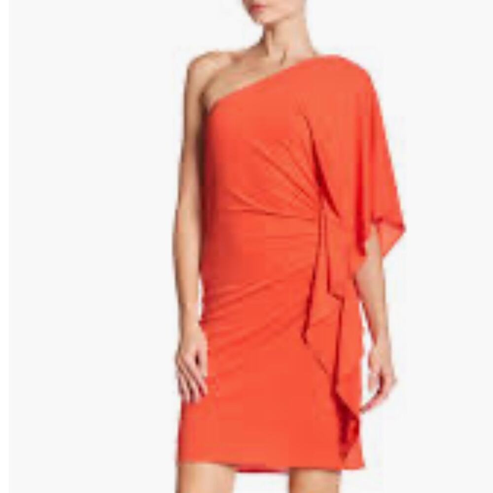 🆕 Trina Turk  Orange Shirred Side One‎ Shoulder Sleeve Mini Dress Sz 0 NEW